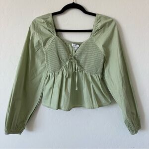 Boho Light Sage Green Smocked Chest Puff Sleeve Peplum Top Size Extra Small